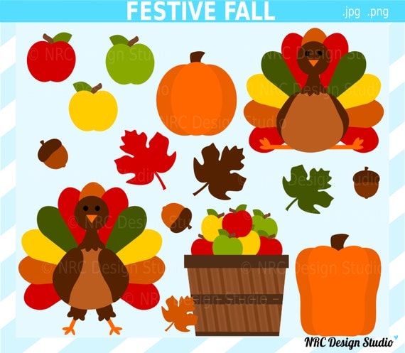Cute Thanksgiving Turkey Clip Art - Festive Fall Clip Art - Digital Thanksgiving Turkey Clipart - Autumn, Pumpkin, Apples, Acorns, Leaves Il_570xn