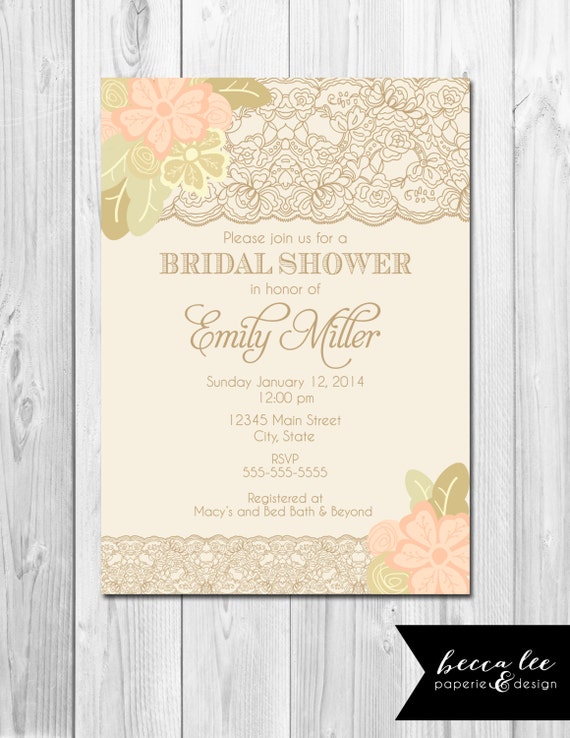 Floral Lace Bridal Shower Invitation - Cream Gold and Light Peach with Gold Leaves - DIY - Printable Il_570xn