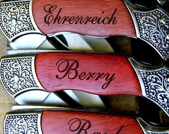 Gift for Groomsmen, Pocket Knife, Engraved Folding Wood Handle Hunting Knives, Damascus Knife, Groomsman Best Man Gift, Set of 5