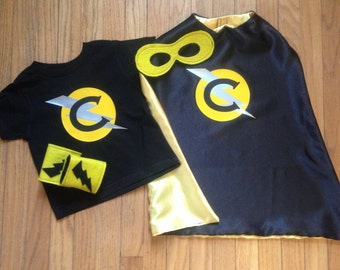 Personalized Superhero Cape, T-Shirt, Mask and Power Cuffs-Ultimate Custom Super Hero Set with Reversible Cape, Mask, T-Shirt and Cuffs