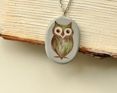 Handpainted pendant, owl pendant, bohemian pendant, halloween necklace, brown pendant, brown white green, handmade pendant, boho-chic