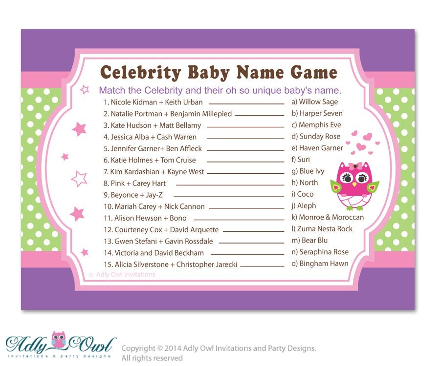 Girl Owl Celebrity Name Game Guess Celebrity by adlyowlinvitations