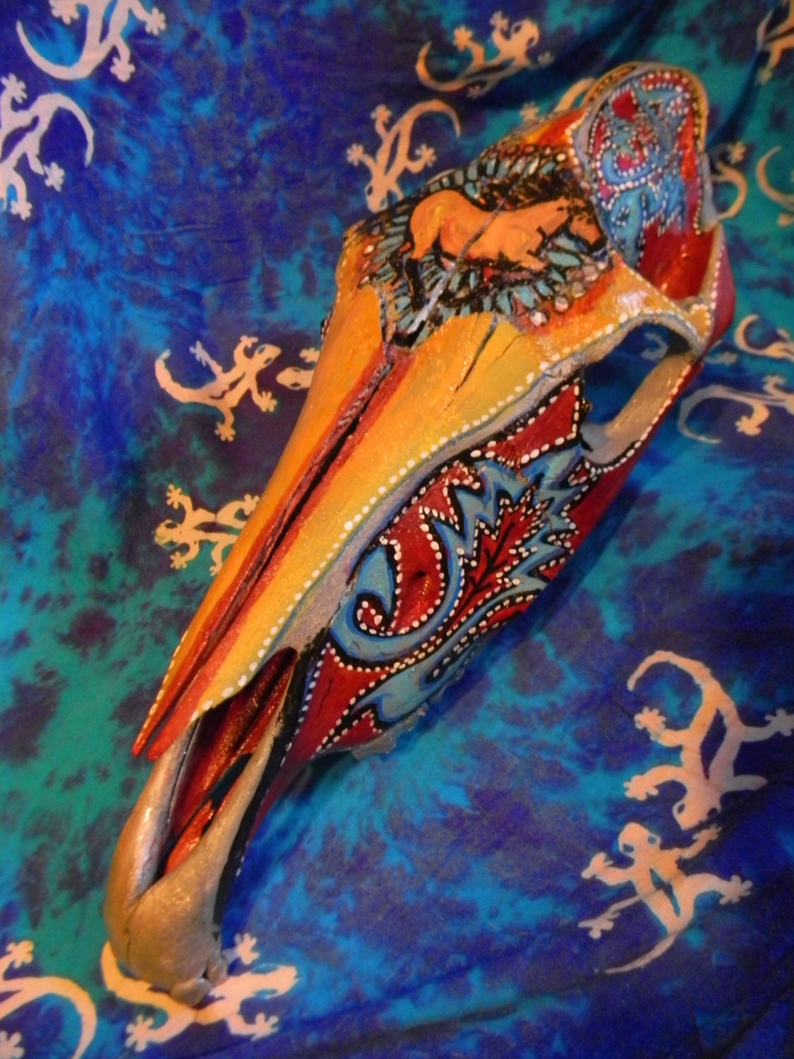one of a kind painted horse skull bone cowboy by JupiterJennyArts