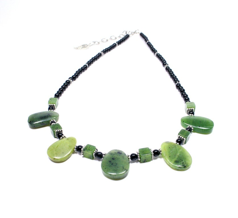 Olive Green Jade Necklace Gemstone Jewelry Green Black
