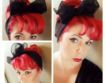 SALE Black Vintage Style Chiffon Hair Scarf Headwrap Hair Bow Scarves 1940s 1950s Rockabilly - Pin Up - For Women, Teens