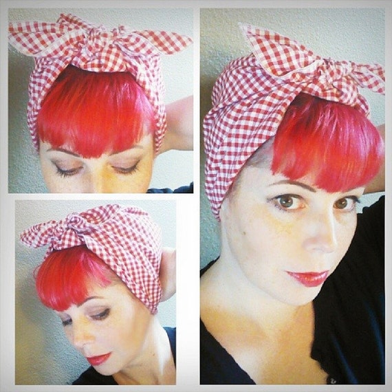 Items similar to NEW Red Gingham Headwrap Bandana Hair Bow 1950s ...