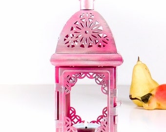Pink Lanterns - Silver Exotic Lantern Centerpiece - Filigree Metal Candle Holder - Valentine's Day Decor