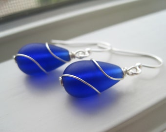Royal Blue Earrings - Sea Glass Earrings - Sea Glass Jewelry - Cobalt Blue Earrings - Cobalt Blue Bridesmaid Jewelry - Wire Wrapped Earrings