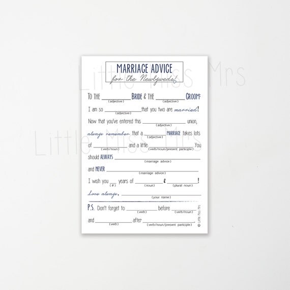 Printable Mad-lib Wedding Advice cards // navy, pink/coral, or golden brown