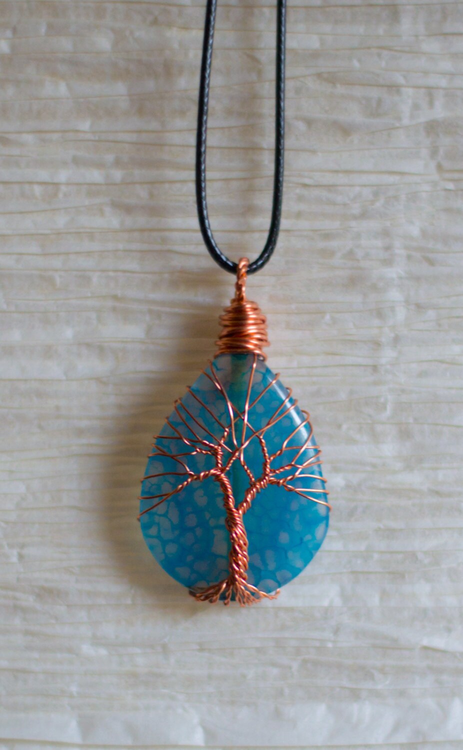 Copper Wire Wrapped Tree of Life Blue Agate pendant Necklace
