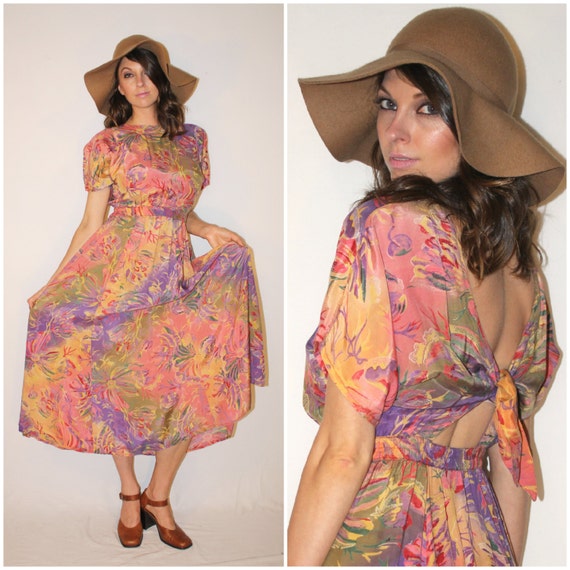 SALE // Vintage 80s OPEN BACK Dress / Boho Floral / Brush