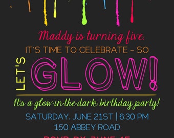 Items similar to Glow in the Dark Theme Birthday Party Invitation ...