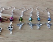 Fairy and Hummingbird Earrings with Olive and Montana Blue Czech Glass Beads and Pink Mottled Marble Effect Beads