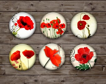 Red Poppies Digital Collage Sheet 0.5inch 10mm 12mm 14mm 16mm Printable Circle Images for Earrings, Cuff Links - Flowers - Instant Download