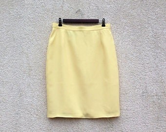 Vintage French 1980's Pale Pastel Yellow Pencil High Waisted Skirt