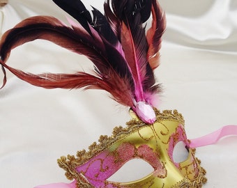 Colombina Half-face Masquerade Mask in Pink and Gold with Black,Red & Pink Feathers/Mardi Gras Mask/ Venetian Mask/Party Mask/halloween mask