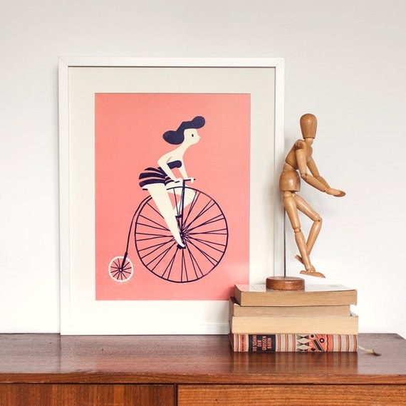 Art Print of a girl riding a vintage bicycle - Cute giclee retro style illustration of a woman riding bike. Colours are blue, cream and pink