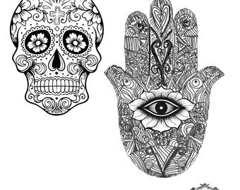 Sugar Skull and Hamsa Hand , Body Art, Boho tattoos, Festival tattoos, WickedlyLovely Skin Art Temporary Tattoo