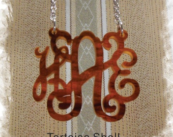 Monogram Necklace - Vine Monogram 3 Initial Name Acrylic Monogram Jewelry - Tortoise Shell Necklace