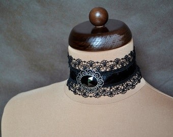 Elegant GOTHIC VAMPIRE Victorian Burlesque Glamour CHOKER black satin ribbon and delicate lace with beautiful adornment,