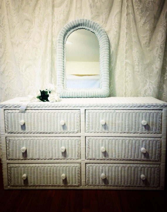 Vintage 1970's White Wicker Dresser & Mirror by Orkidebarn on Etsy