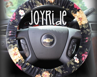 Steering Wheel Cover Black Floral - Cute Car Accessorries Floral Heated Gift for Girls Seat Belt Cover Keychain Christmas Favorite Rose