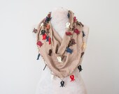 Khaki Scarf with Felt Ornaments Boho Scarf Triangle Scarf Gypsy Scarf Gypsy Headband Fashion Accessory Women Accessory Christmas Gift