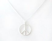 Minimalist Silver Chain Necklace - Peace Sign Charm - Sterling Silver - Silver - The Basics: Textured Open Peace Sign