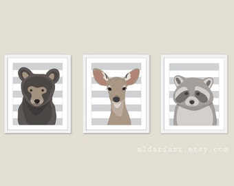 Woodland Nursery Wall Art - Bear Deer Raccoon Prints - Nursery Prints - Woodland Nursery Art - 3 prints 5x7 or 8x10 - Frames not included