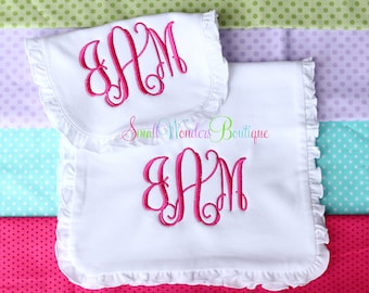 Monogram Bib and Burp Cloth Set - Embroidered Bib and Burp Cloth - Baby Ruffle Bib - Baby Burp Cloth - Monogram Bib - Monogram Burp Cloth