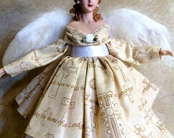 Angel Tree Topper, OOAK Brunette Angel, The 10 COMMANDMENTS Printed on GOWN, Inspirational Christmas Angel Treetop
