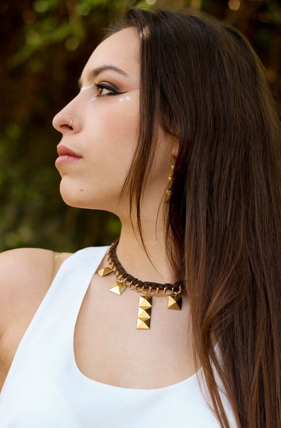 Items similar to Statement Brass & Leather Braided Pyramid Necklace ...