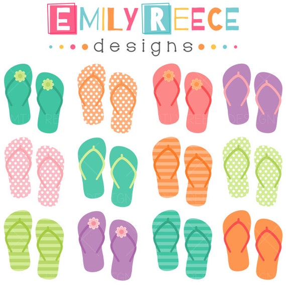 50% OFF - Flip Flops Summer Colorful Flowers Cute Clip Art - Commercial Use - Scrapbooking Invitations Cards - Instant Download Il_570xn