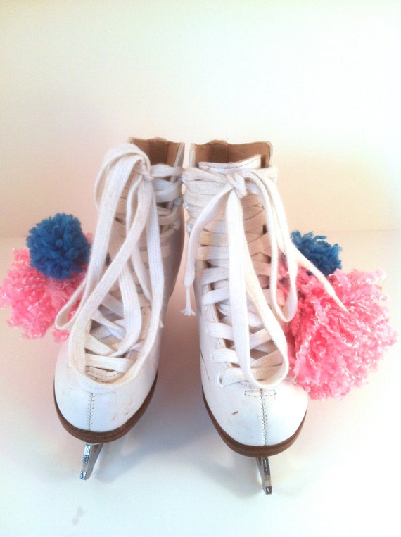 Adorable GIrls Ice Skates Blue & Pink Pom Poms by GypsyandtheHobo