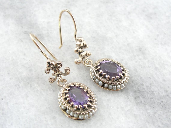 RESERVED Seed Pearls and Amethyst Vintage Drop Earrings with