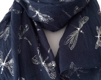 Navy Blue Scarf with Silver Dragonfly Print, Ladies Dragonfly Pattern Wrap Shawl, Summer Scarf