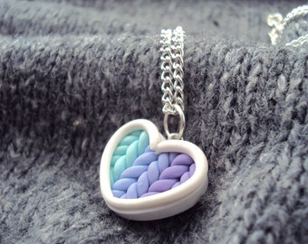 Ombre Teal Purple Knitted Heart Necklace Polymer Clay, Miniature Clay Jewelry, Silver Plated Chain