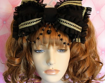 MADE TO ORDER-Gothic Gold-Oversized Head Bow-Gothic Lolita-Classic Lolita-Black and Gold-Lolita Headbow-Black Lolita Bow-Rosary Chain-Beads