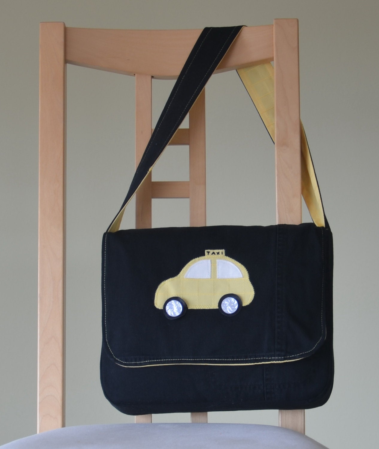 Upcycled Toddler Messenger Bag with Taxi applique in plain