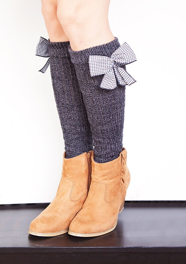 Gray Knit Leg Warmers with Gingham Bow Gray Leg Warmers Boot