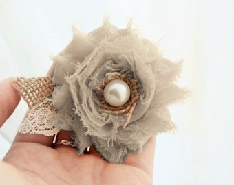 Gray Burlap Wedding Hair Flower, Wedding Hair Accessory Clip for Bride, Bridesmaids or Flower Girl, Grey Bridesmaids Dress Wedding Hairpiece