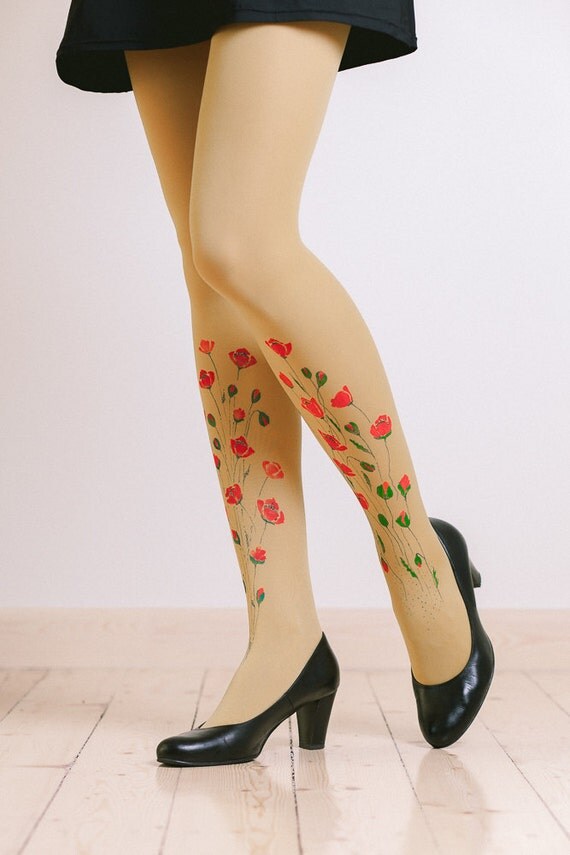 Unique tights for women with hand painted motives Poppies