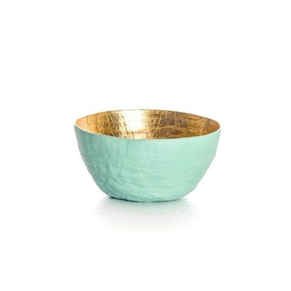 Mint Paper Bowl / Gold Leaf Bowl / Mint Seafoam Green / Paper