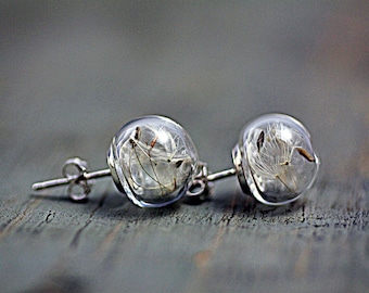Sterling dandelion seeds stud earrings - 925 sterling silver earstuds with glass orbs filled with real dandelions