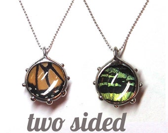 Real Butterfly Wings Bubble Necklace - Two sided - Monarch and Sunset Moth