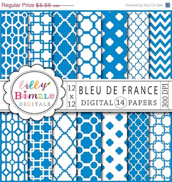 50% off Azure Blue digital papers modern trellis, lattice, scrapooking papers for monogramming Instant download BLEU DE FRANCE Il_570xn