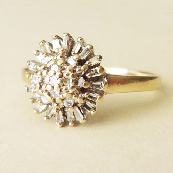 Vintage Diamond Baguette Chrysanthemum Flower Ring 9k Gold