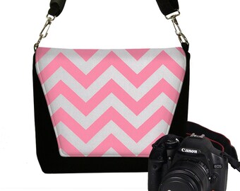 CLEARANCE Pink Chevron Camera Bag DSLR, Padded Water Resistant Camera Bag Slr, Camera Bag Purse, Womens Camera Handbag RTS