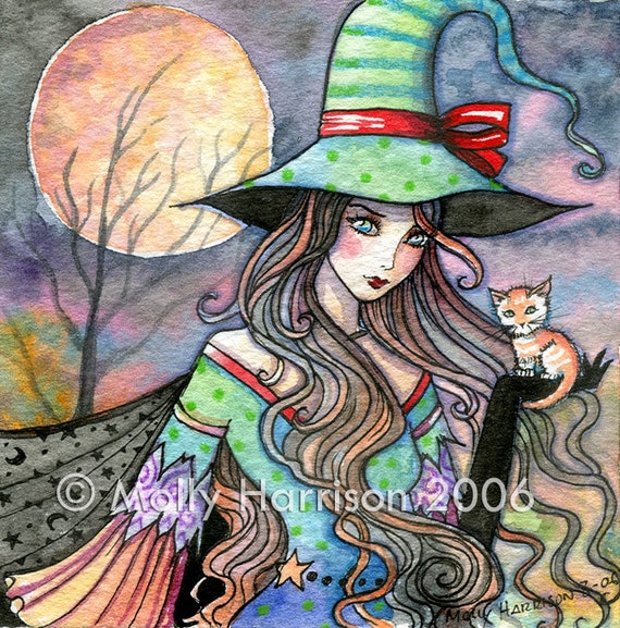 Witch with Winged Orange Tabby Cat Kitten Watercolor Fine