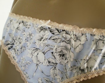 Something Blue Bridal Panties Old Fashioned Rose Print  Handmade Cotton Knickers With Lace Trim 36  Hip And Custom Sizes To Order